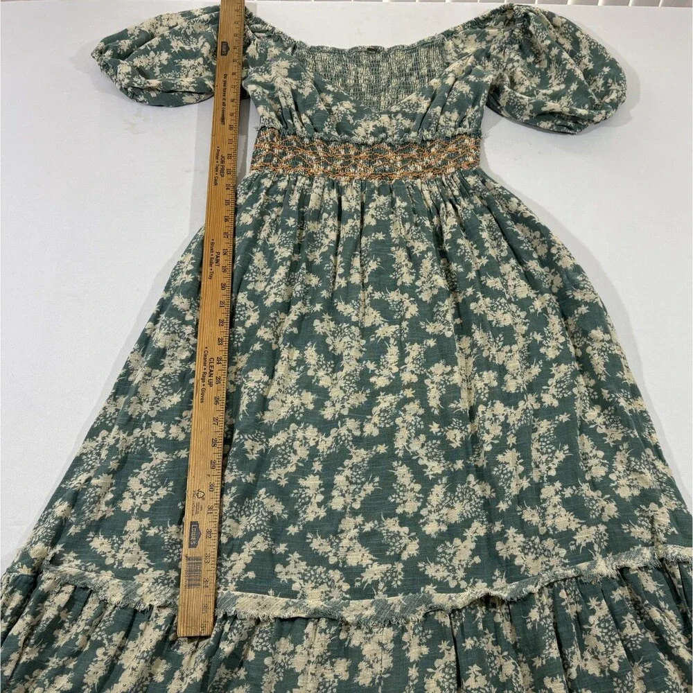 Free People Ellie Boho Green Floral Puff Sleeve Smock Bodice Maxi Dress Sz S - Picture 6 of 15